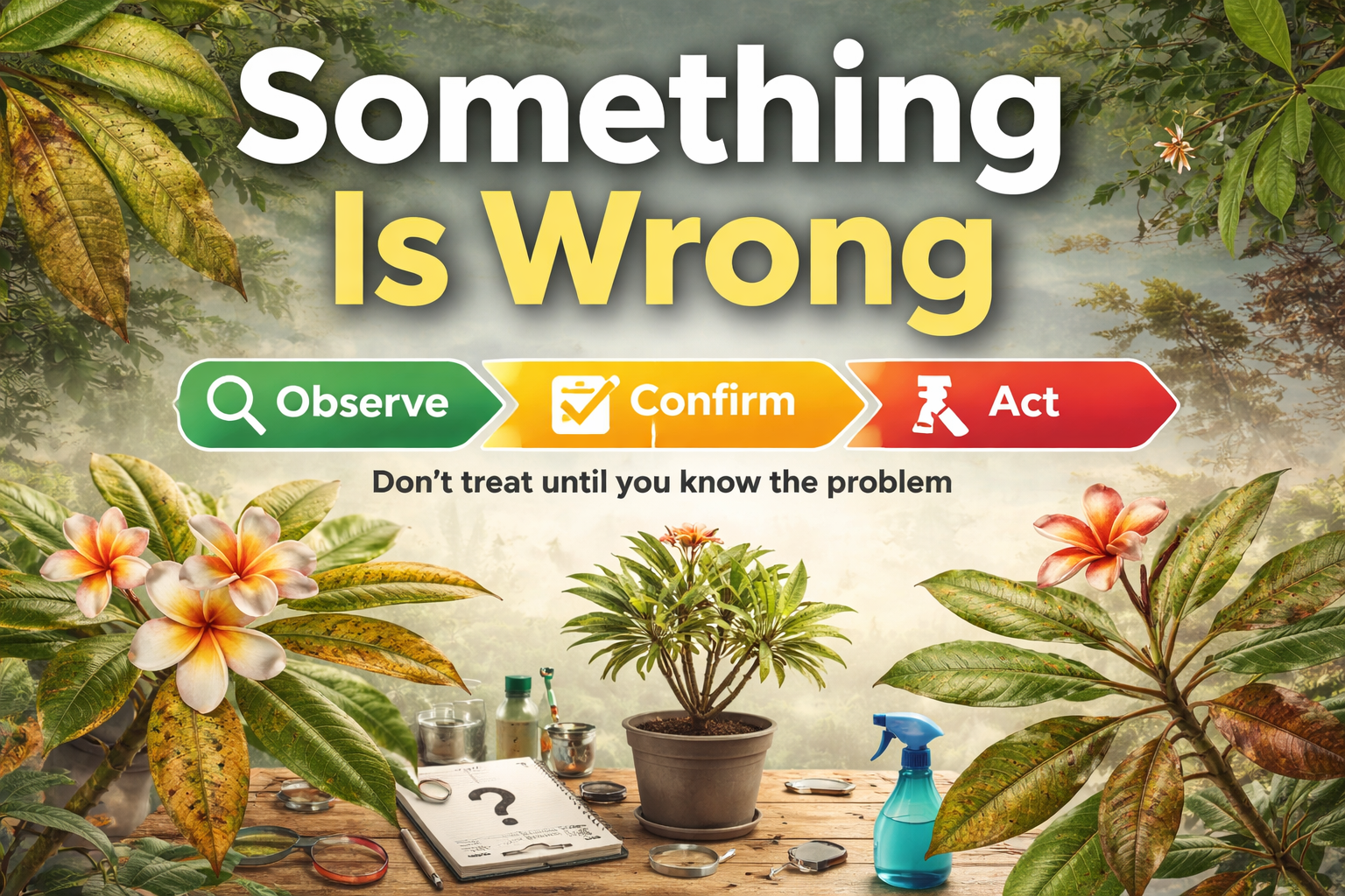 The Plumeria Way diagnostic start page showing plumeria stress symptoms and a structured observation-first response