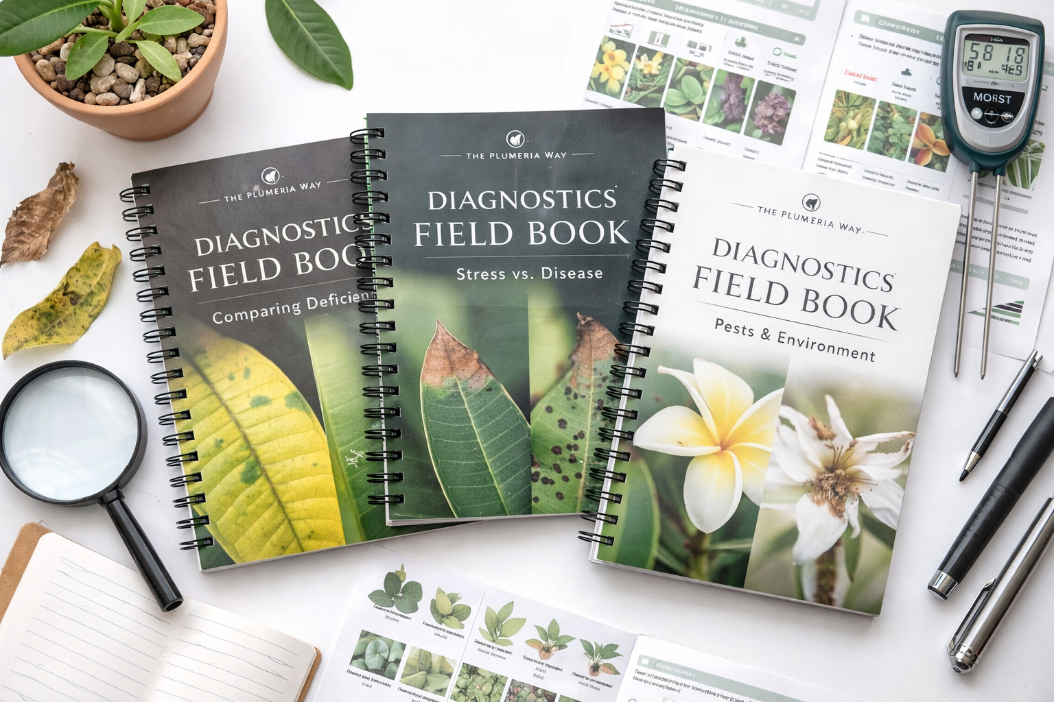 The Plumeria Way Diagnostics Field Books showing evidence-first troubleshooting and D-Series bench-side diagnostic support