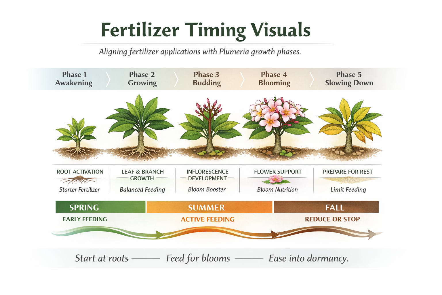 Plumeria fertilizer timing guide showing seasonal feeding stages, growth phases, and bloom support timing