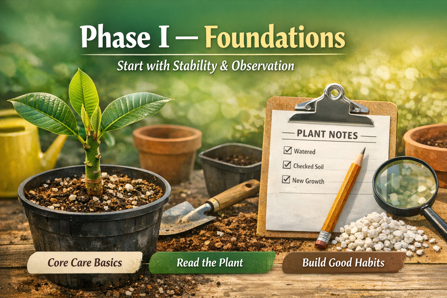Phase I Foundation guide showing fundamental plumeria care, observation, and stable starting practices