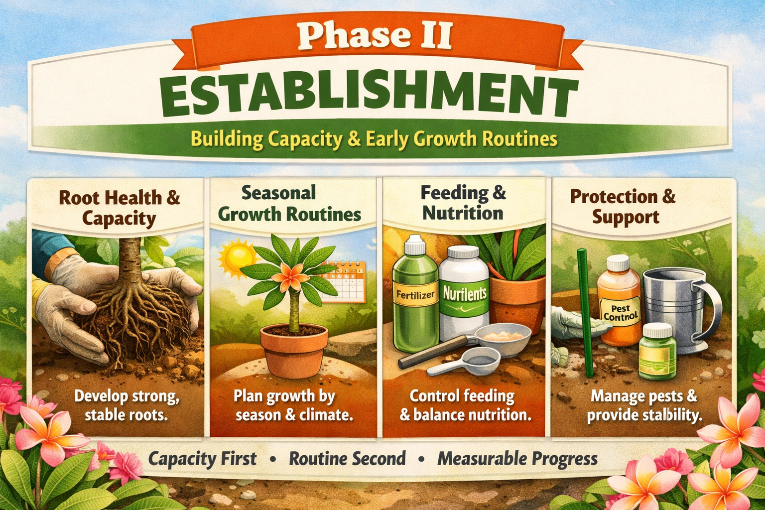 Phase II Establishment guide showing rooting, stabilization, and early plumeria setup decisions