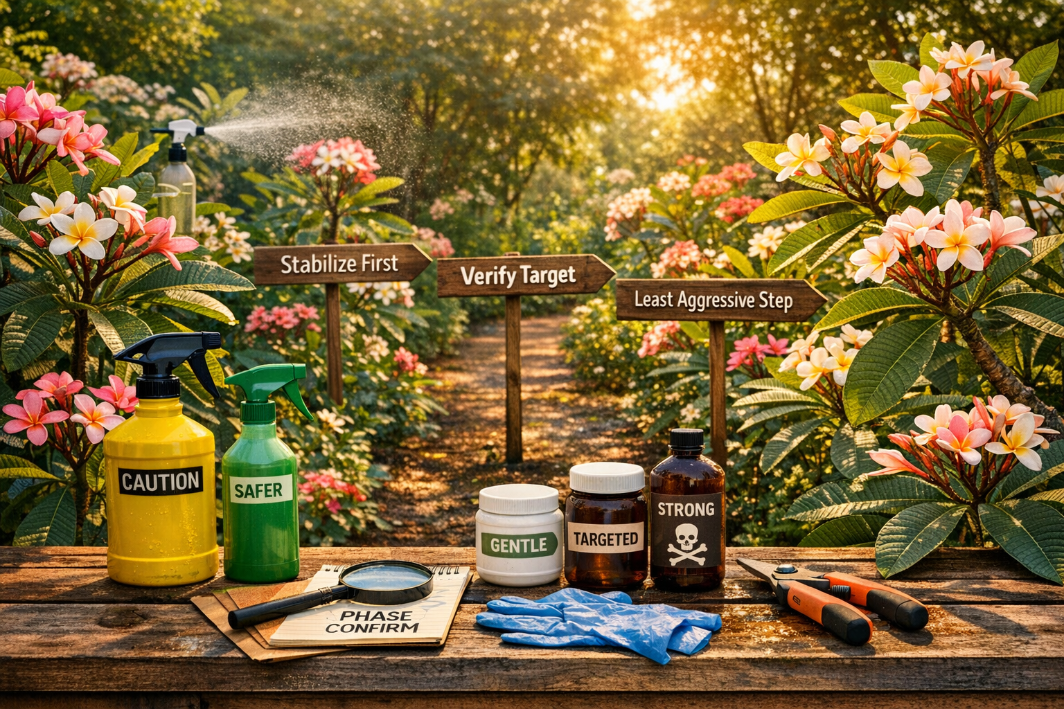 The Plumeria Way Treatments Learning Path showing evidence-based plumeria treatment decisions and safer escalation