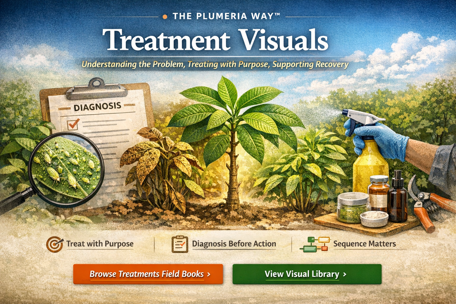 Plumeria treatment process visual guide showing diagnosis, stabilization, and treatment sequence