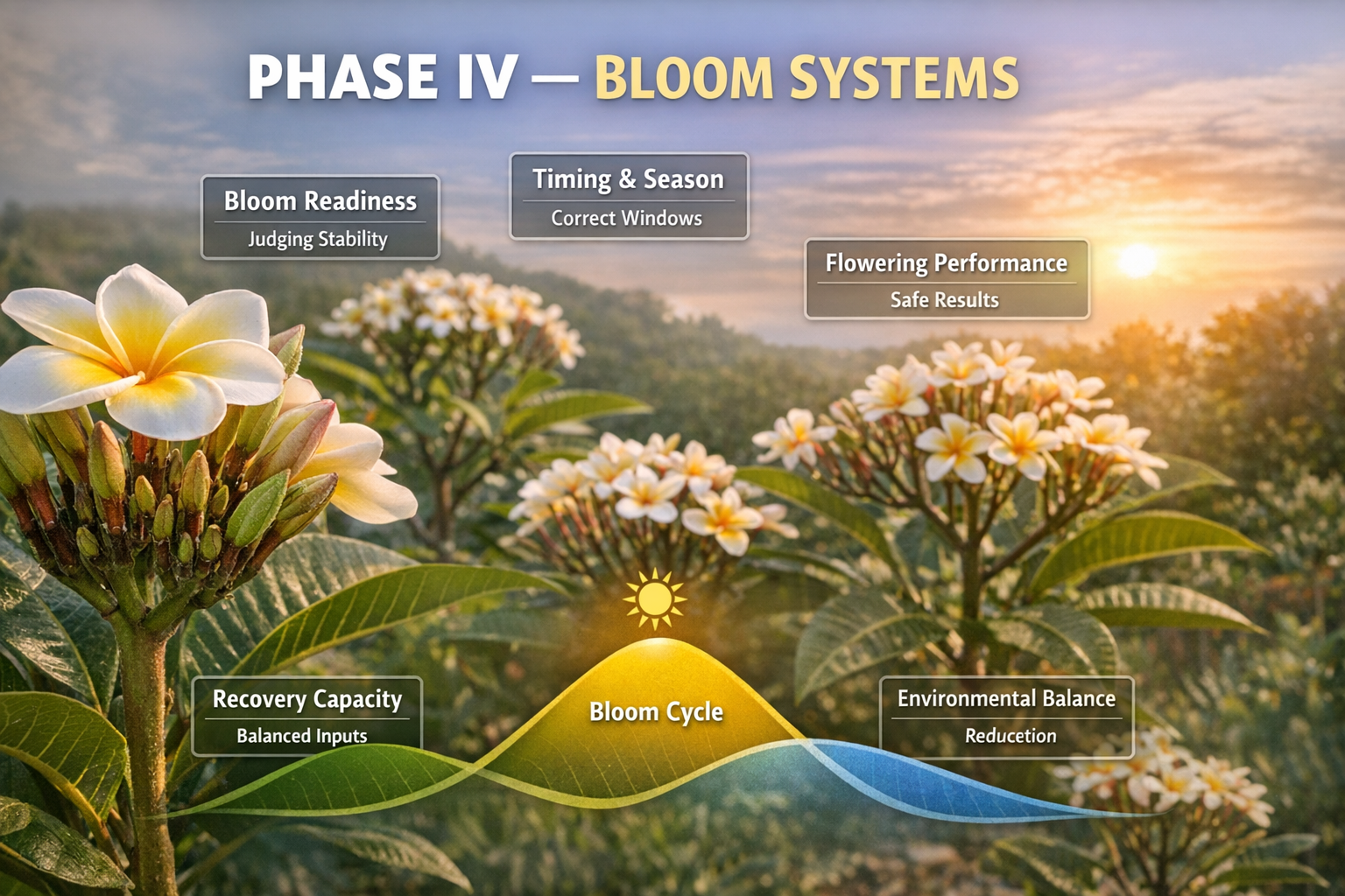 Phase IV Bloom Systems guide showing plumeria bloom readiness, flowering support, and bloom development