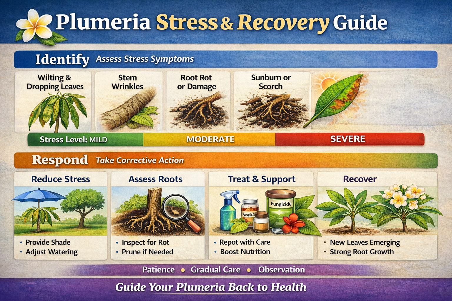 Plumeria stress and recovery visual guide showing symptom patterns, response steps, and recovery stages