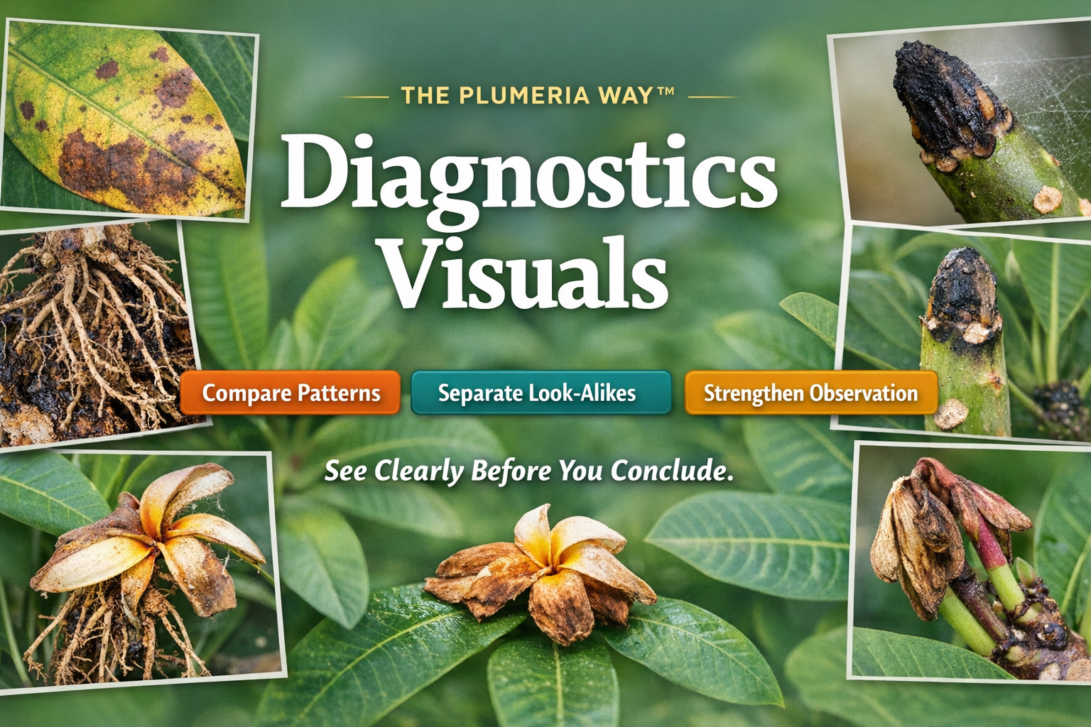 Plumeria diagnostics visual guide showing symptom comparison, leaf patterns, and diagnostic reference visuals