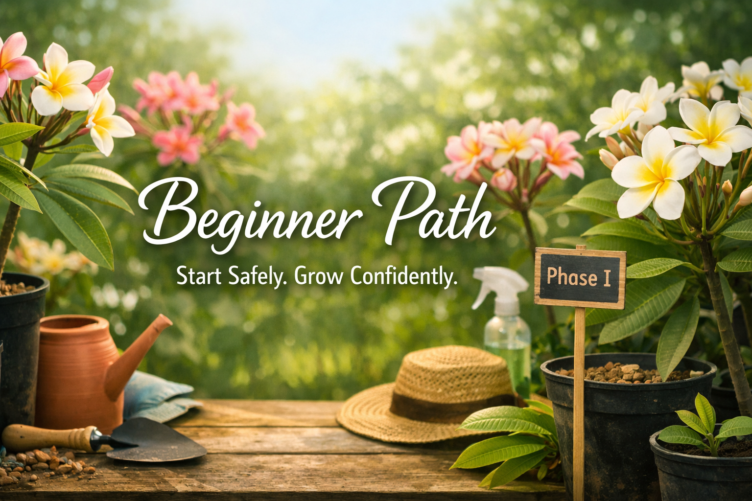The Plumeria Way Beginner Learning Path showing a welcoming beginner-friendly plumeria growing scene