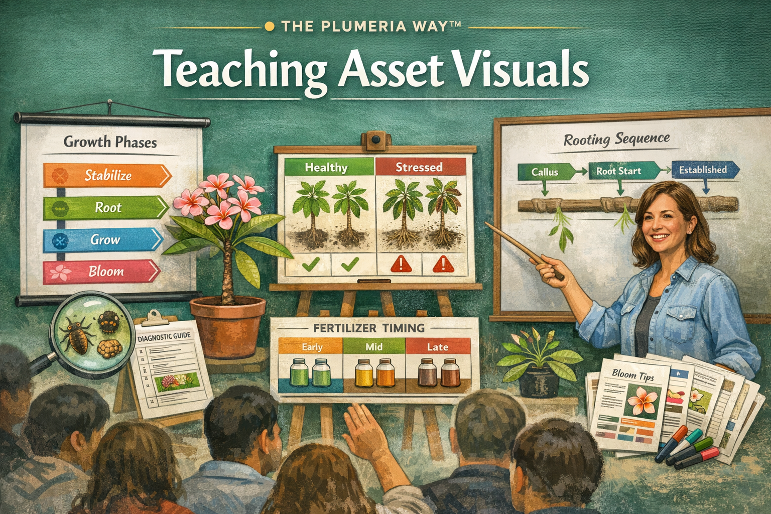 Plumeria teaching visuals showing growth stages, care diagrams, and structured lesson visuals