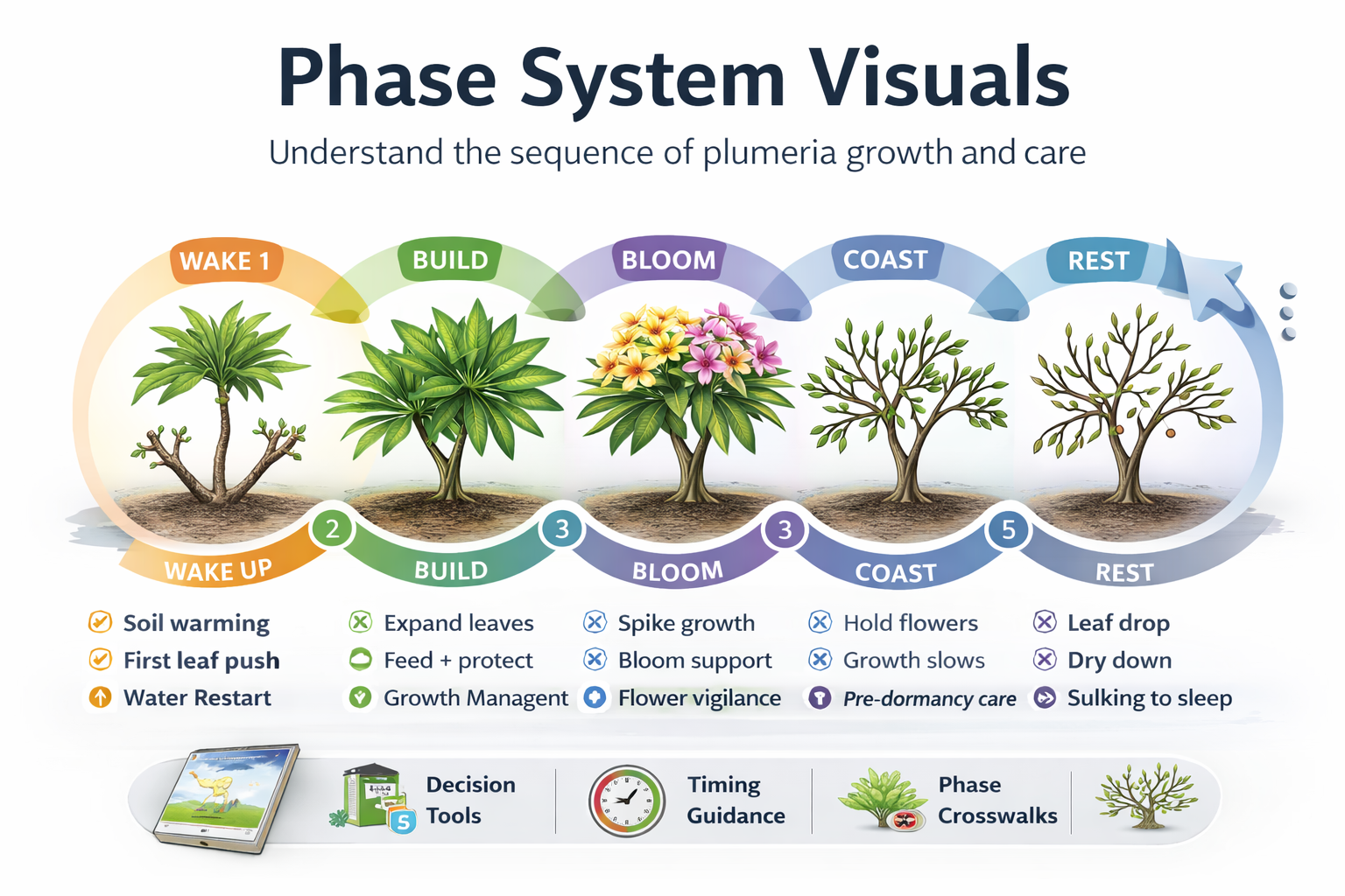 Plumeria phase system visual showing five phases of growth, readiness, and seasonal progression