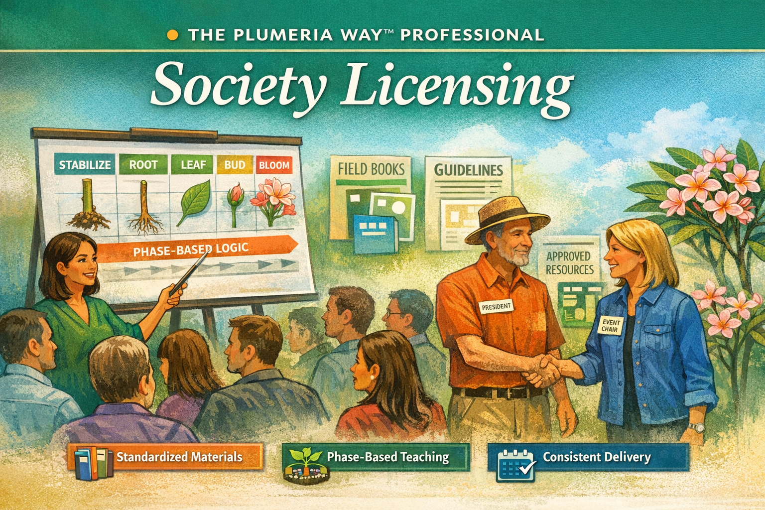 Professional society licensing presentation session showing phase-based teaching, standardized materials, and structured group instruction