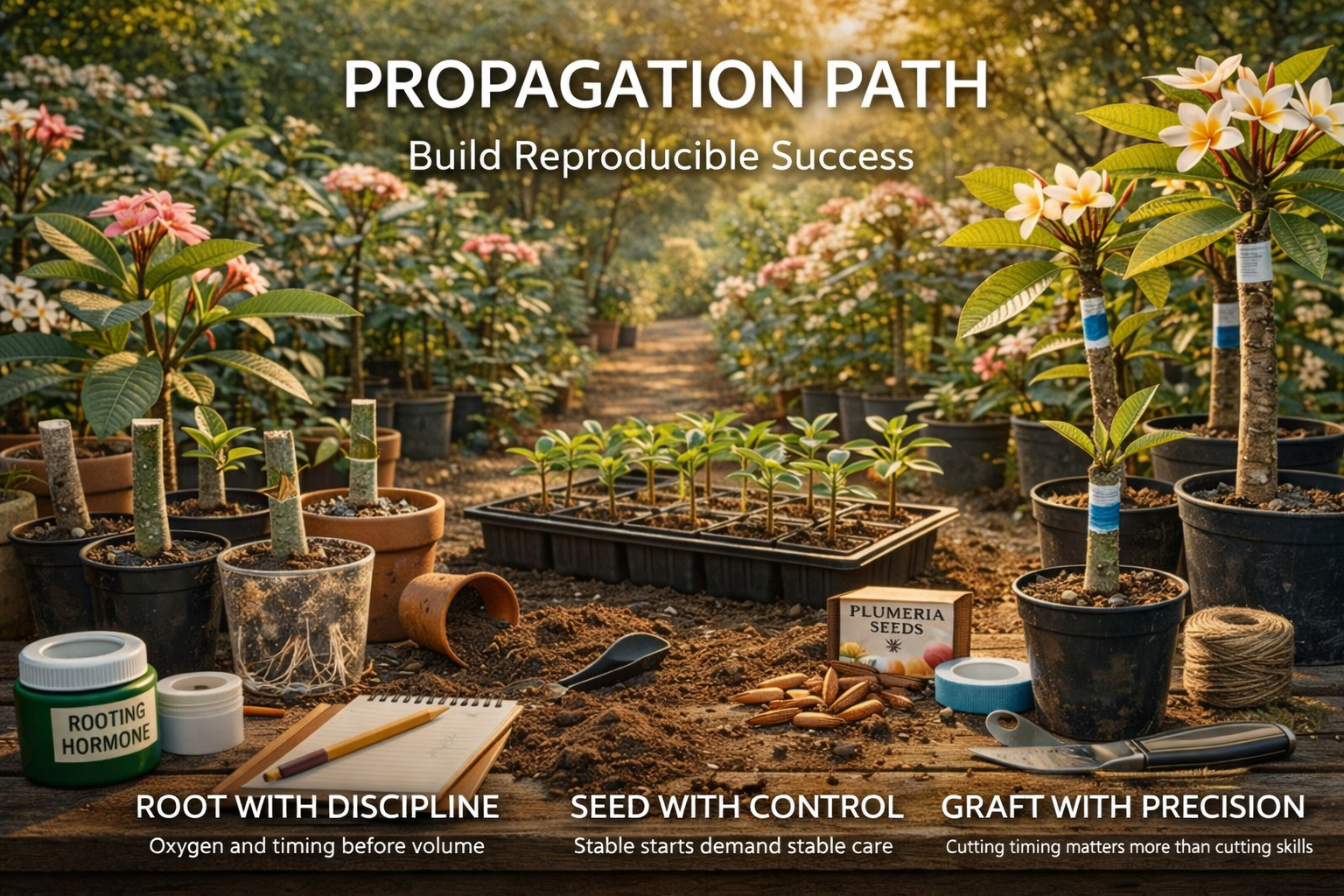 The Plumeria Way Propagation Learning Path showing rooting, seedlings, grafting, and stable plumeria expansion