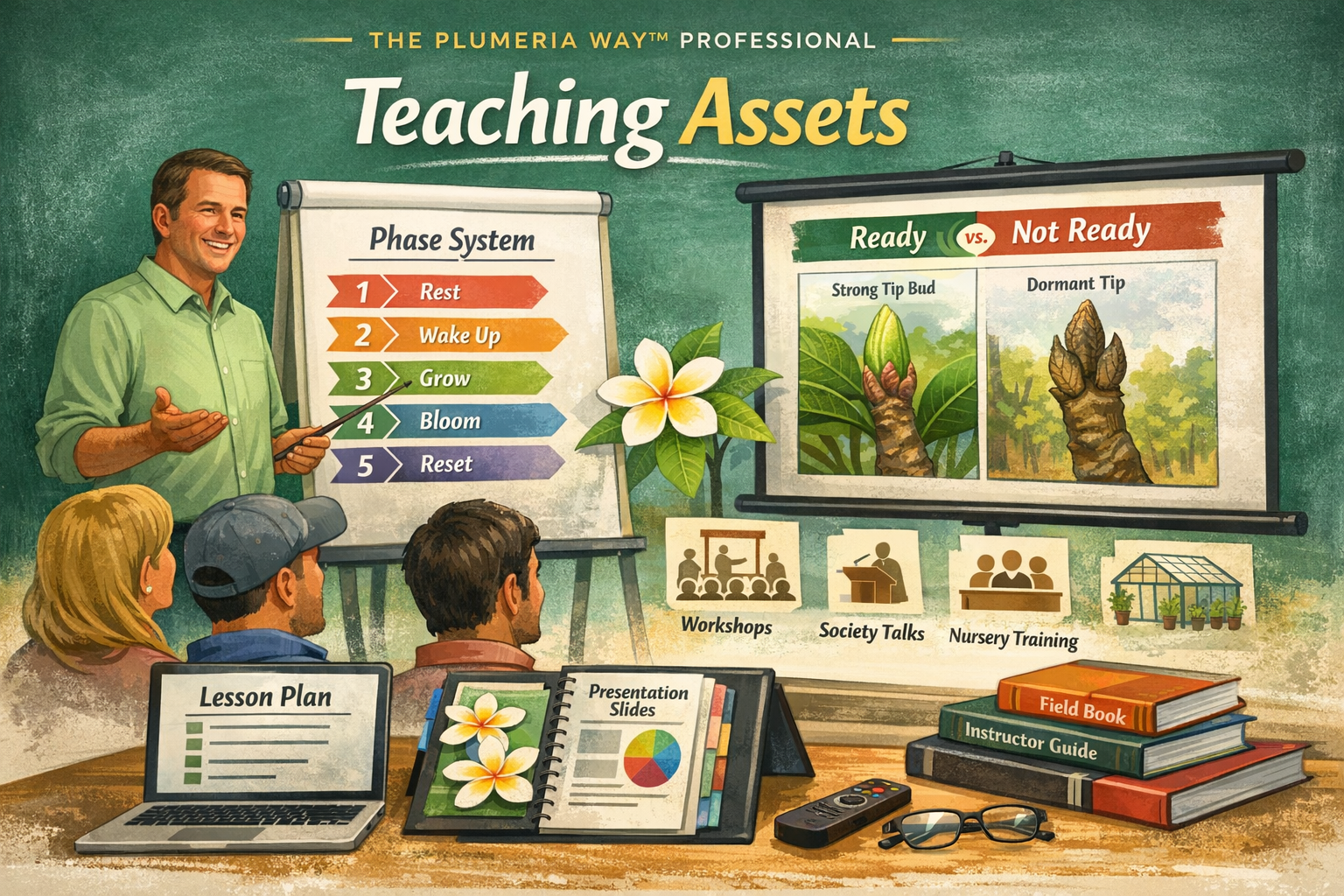 Teaching assets for The Plumeria Way showing instructional visuals, lesson tools, and framework-based teaching support