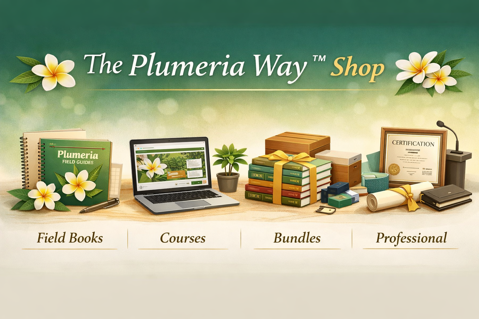 The Plumeria Way Shop showing Field Books, Courses, Bundles, and Professional offerings