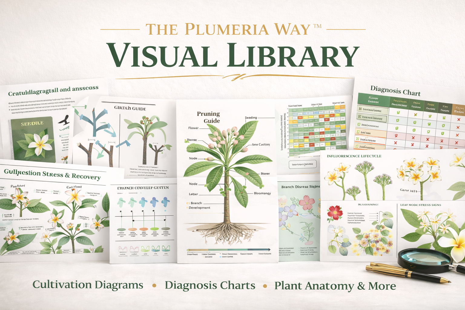 The Plumeria Way visual library showing charts, diagrams, comparisons, and instructional visuals