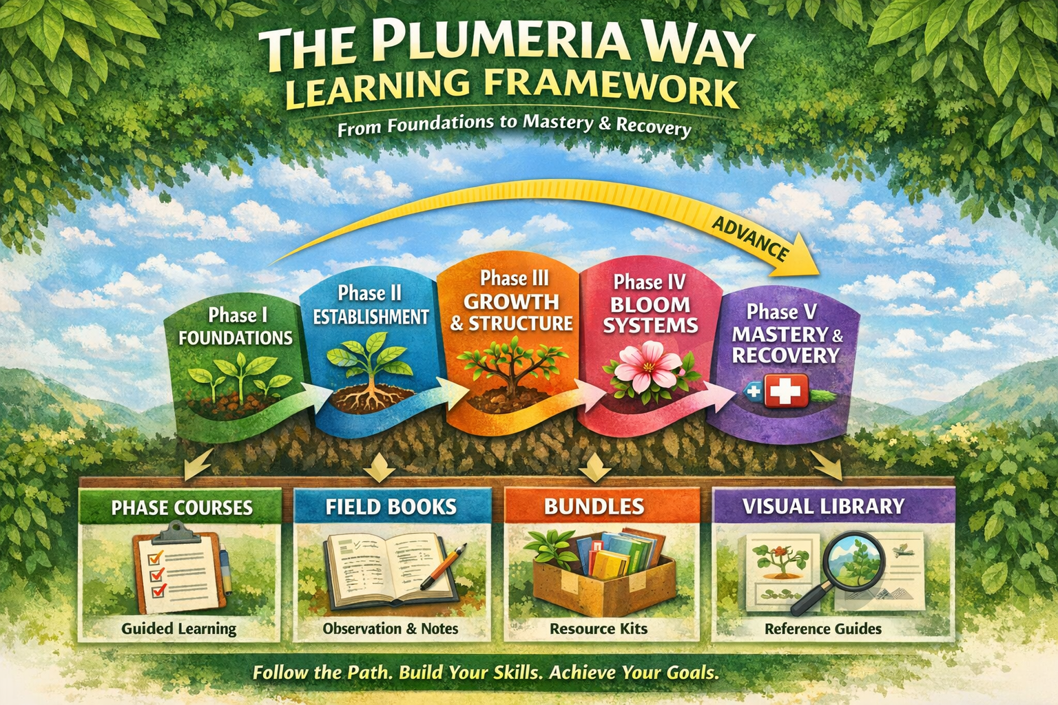 The Plumeria Way learning framework showing the five phases and supporting learning layers
