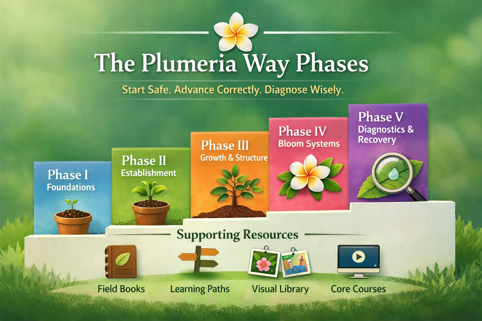 The Plumeria Way learning framework showing the five phases and supporting resources