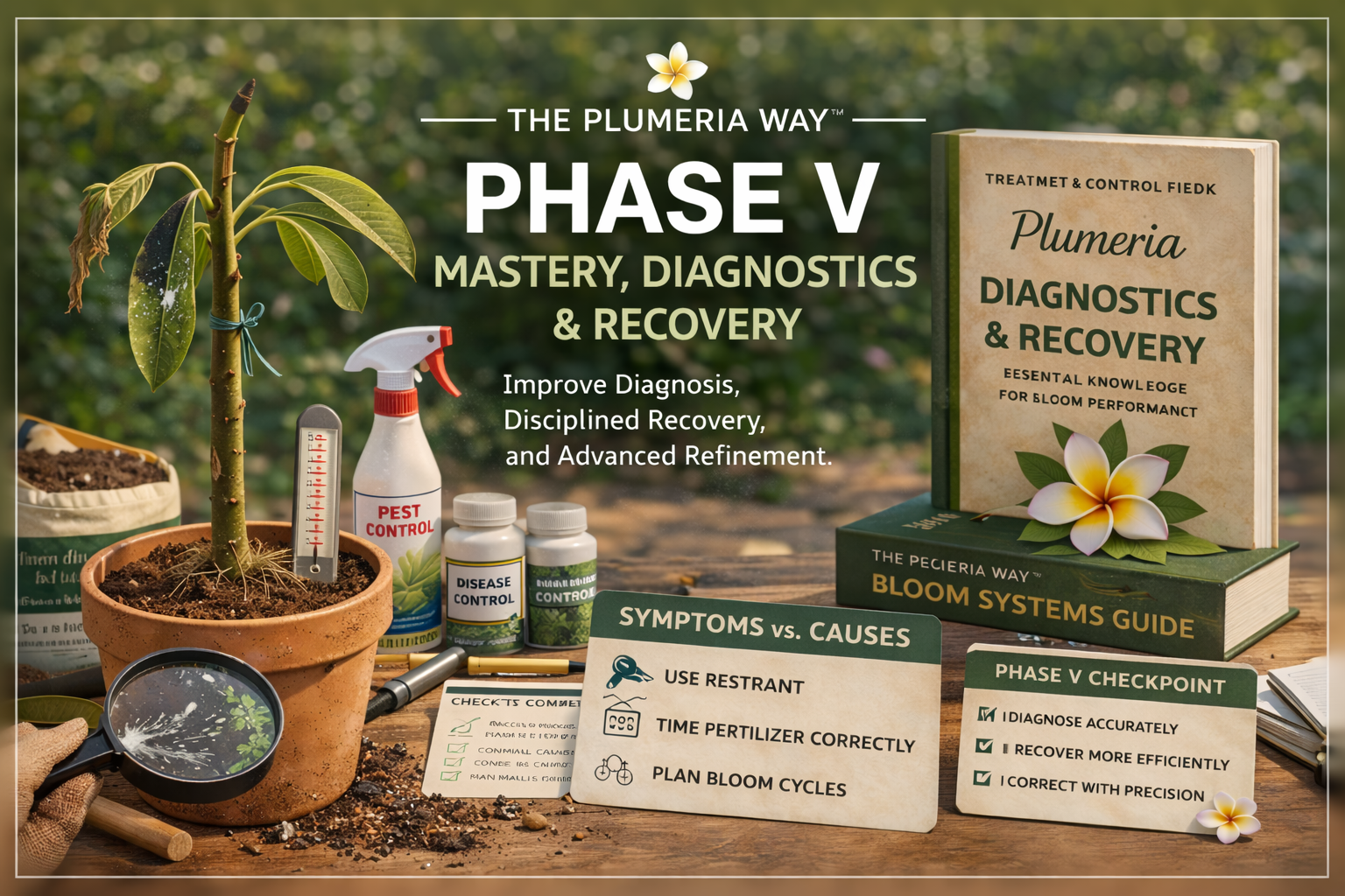 Phase V Mastery Diagnostics and Recovery guide showing evidence-based plumeria diagnosis and recovery decisions