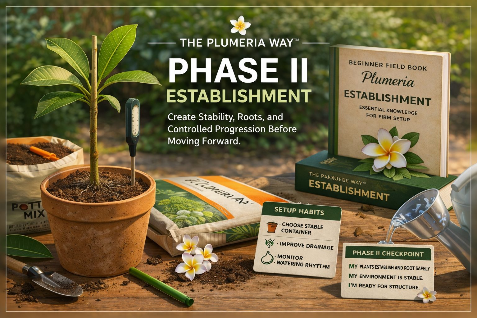 Phase II Establishment Course showing plumeria plants, setup materials, and establishment tools