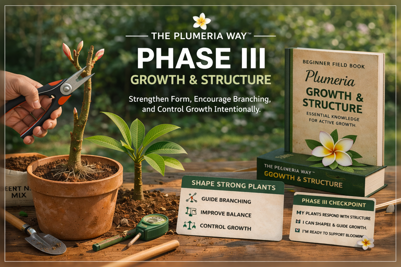 Phase III Growth and Structure guide showing stronger branching, structural development, and intentional plumeria growth