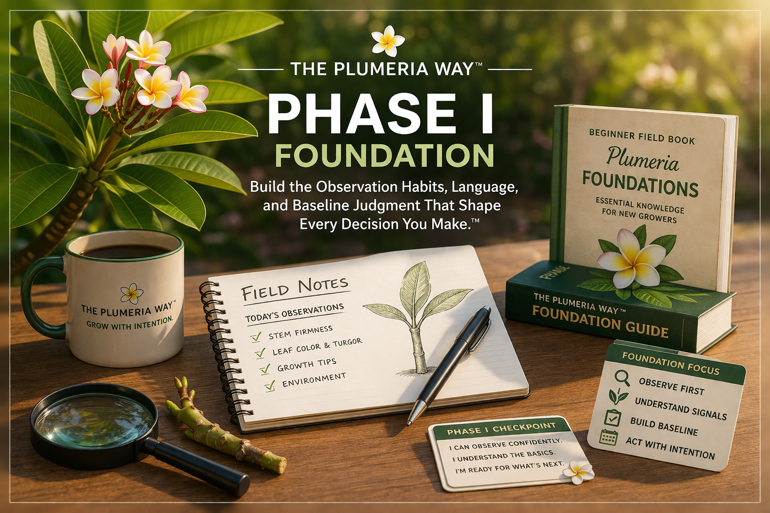 Phase I Foundation Course Guide showing plumeria learning tools, field notes, and foundational growing materials