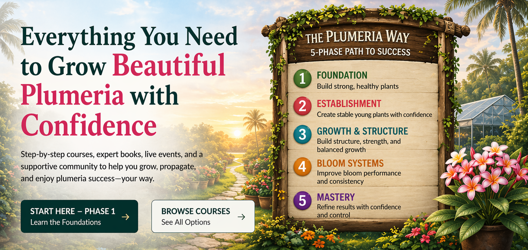 The Plumeria Way hero section with corrected phase labels
