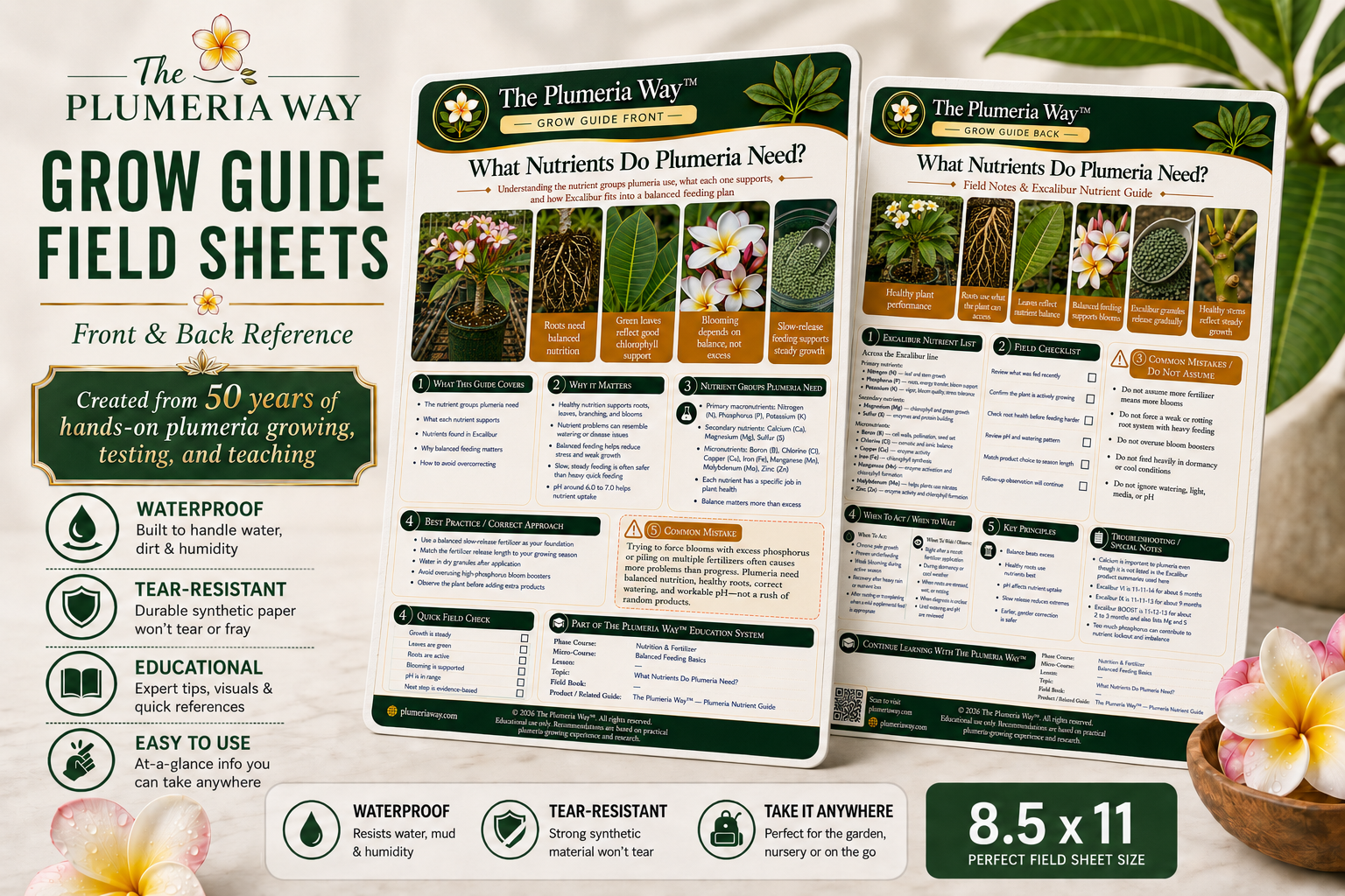 The Plumeria Way Grow Guide field sheets showing waterproof plumeria care reference sheets