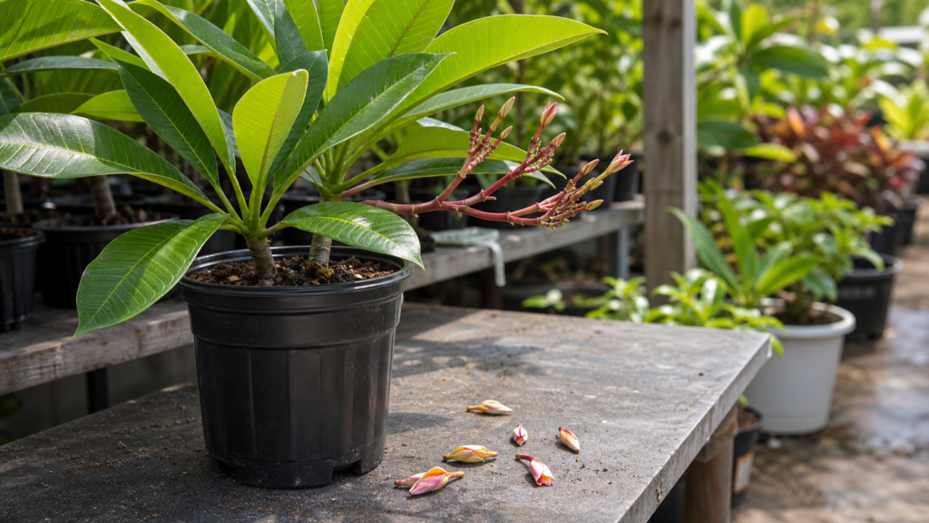Potted plumeria with dropped flower buds below an inflorescence for bud drop diagnosis