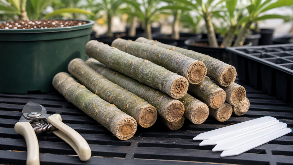 Prepared plumeria cuttings with dry callused ends on a clean potting bench