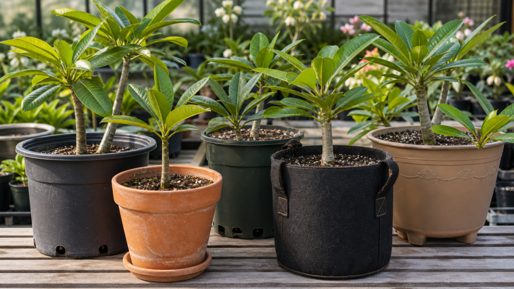 Healthy plumeria plants in different container types showing pot selection and drainage