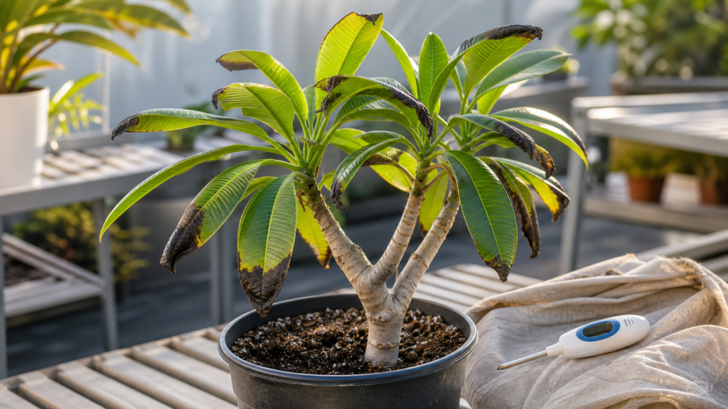 Potted plumeria with cold damaged leaf tips and firm stems for cold damage diagnosis