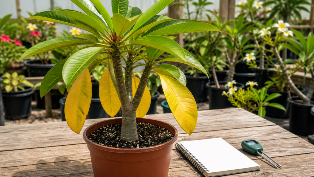 Potted plumeria with yellow lower leaves and healthy green upper growth for diagnosis