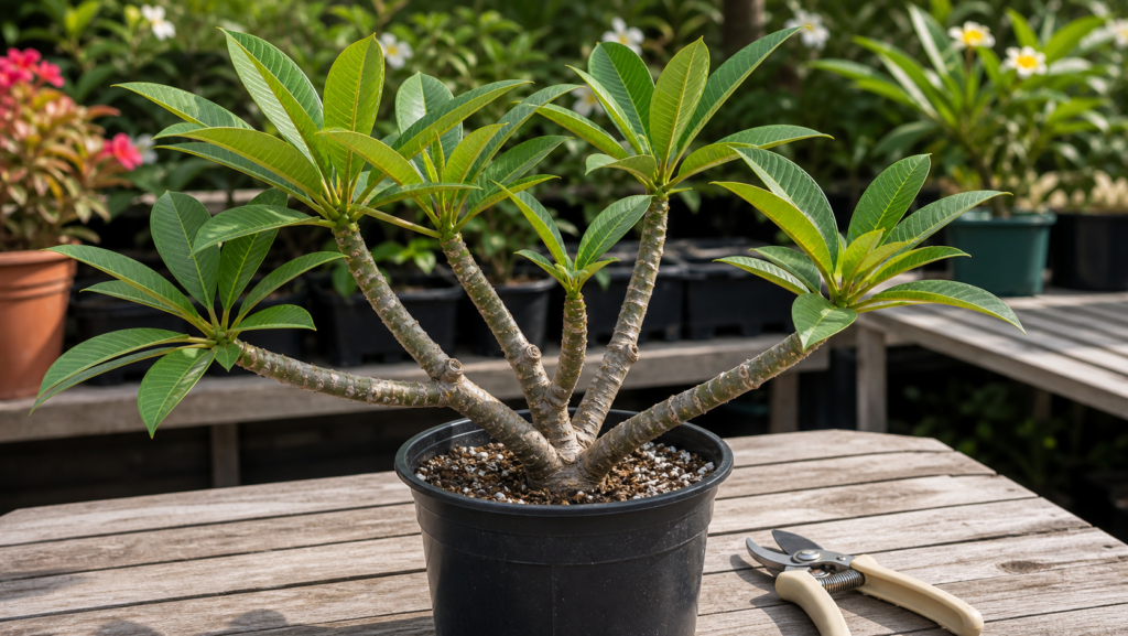 Healthy potted plumeria with balanced branch structure being evaluated