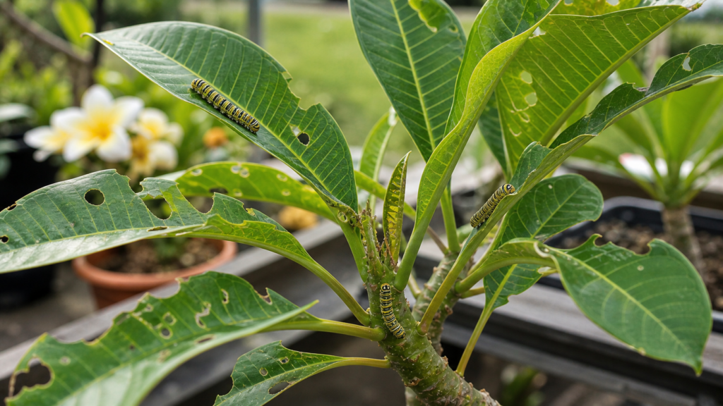Frangipani caterpillars and chewed plumeria leaves for pest identification