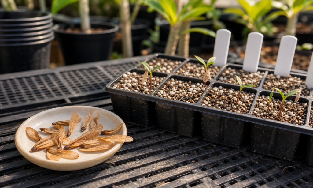 Plumeria seeds and young seedlings in a propagation tray