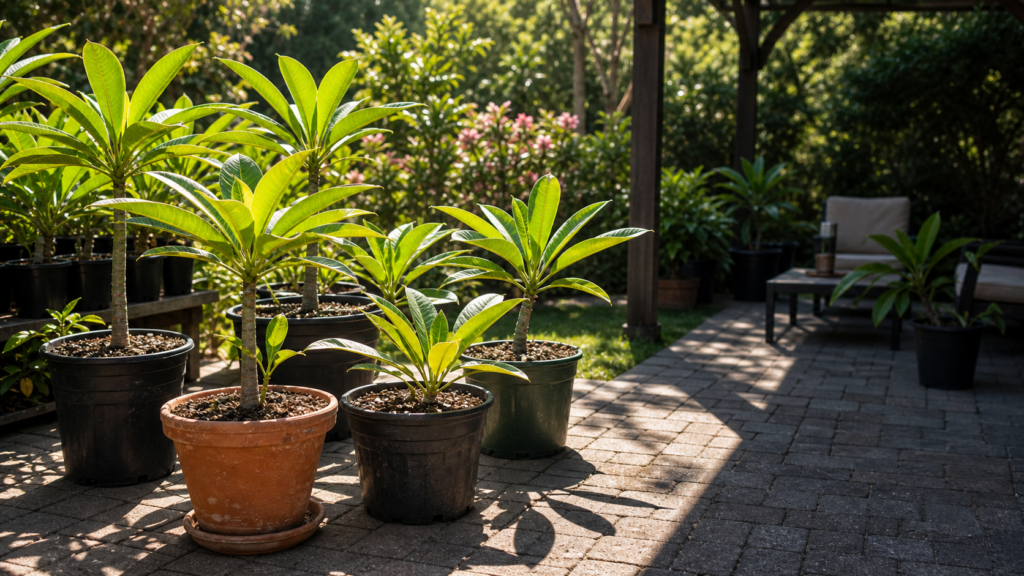 Healthy potted plumeria plants in morning sun and nearby shade