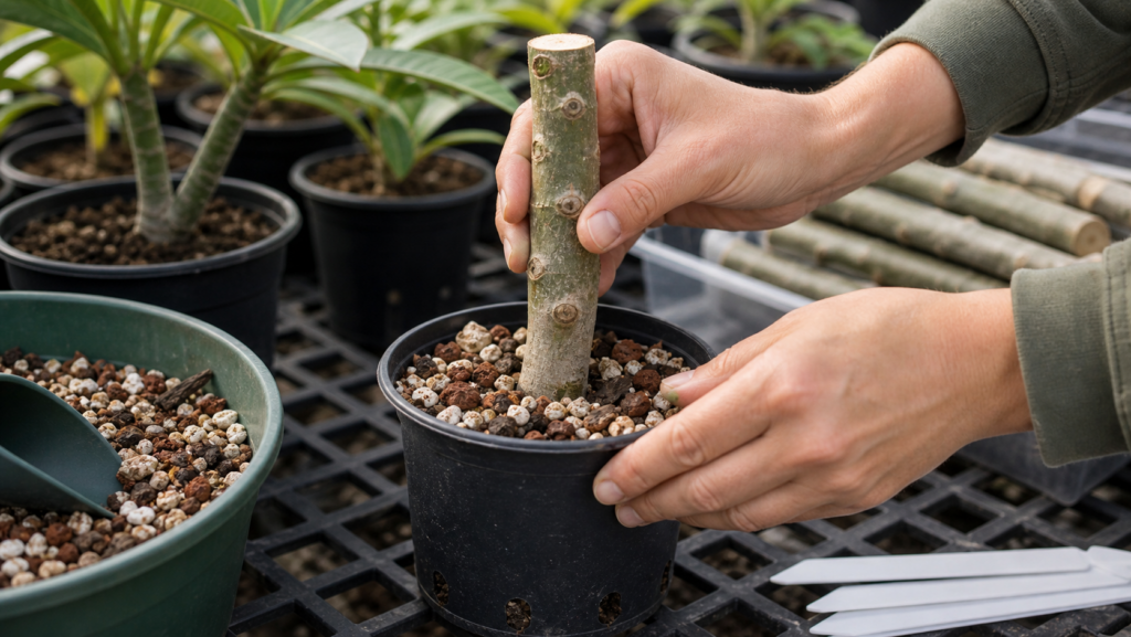 Dry callused plumeria cutting placed into airy gritty rooting media