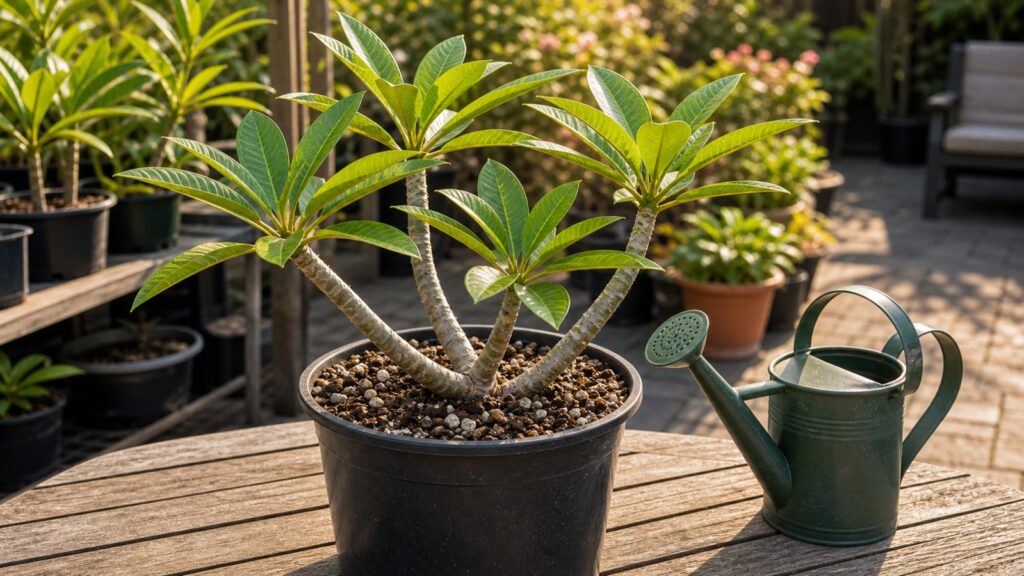 Healthy potted plumeria with watering can and well draining soil surface