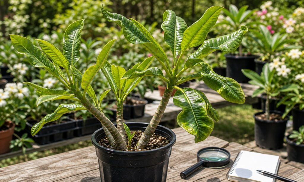 Potted plumeria with curled and distorted leaves for diagnosis