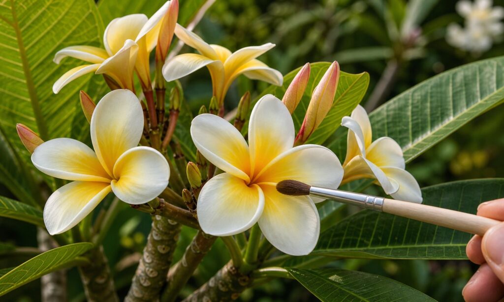 Fresh plumeria flowers with a soft brush for hand pollination