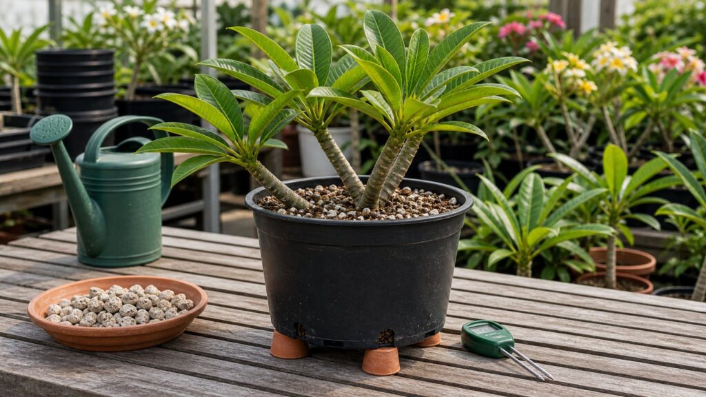 Healthy potted plumeria raised on pot feet with draining soil setup