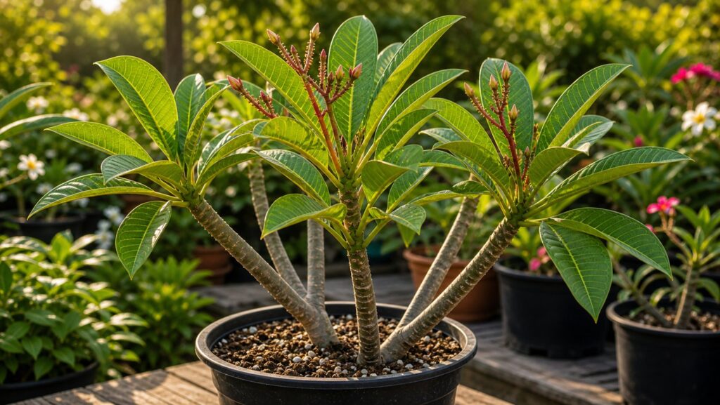 Mature plumeria with early bloom tips and strong branches