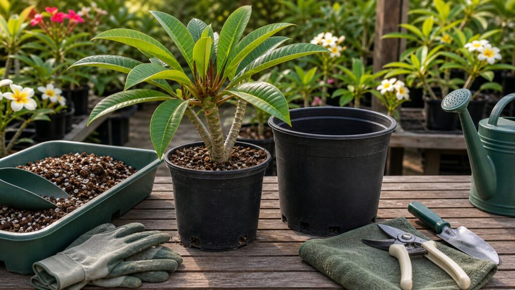 Healthy potted plumeria beside a slightly larger pot and draining mix