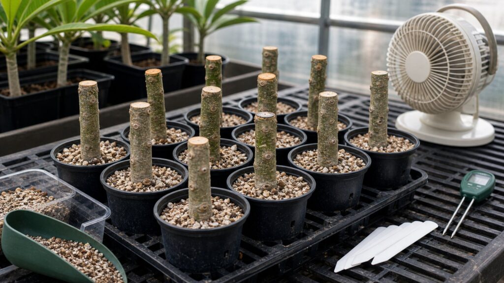 Plumeria cuttings in airy rooting media with drainage and airflow