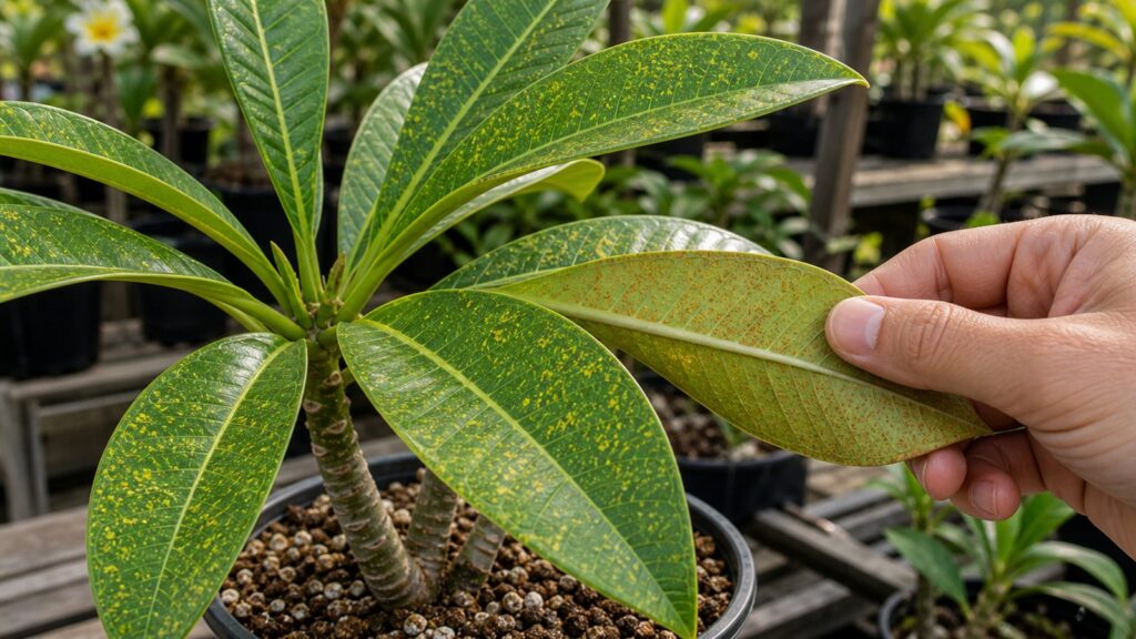 Plumeria leaves showing rust spotting and underside rust symptoms