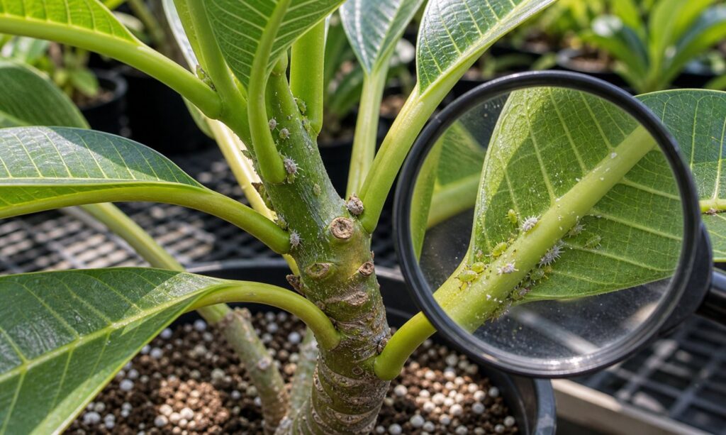Plumeria nodes and leaf undersides inspected for sap sucking insects