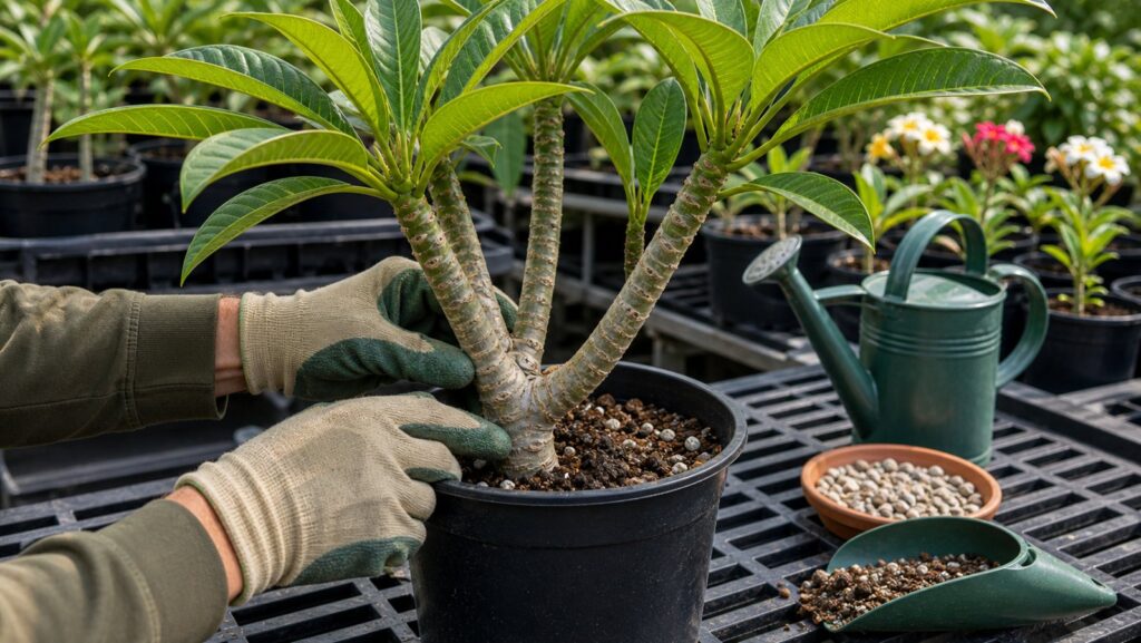 Gloved hands gently inspecting a plumeria stem for firmness