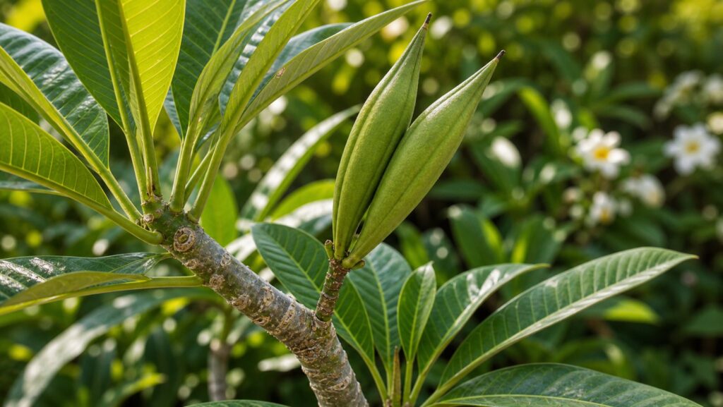 Healthy plumeria branch carrying paired green seed pods