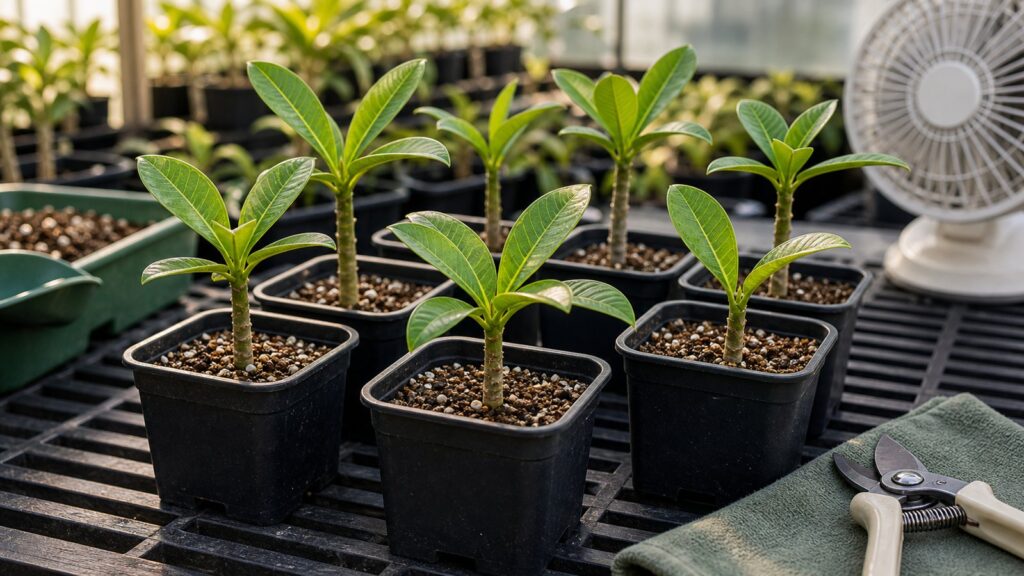 Healthy young plumeria seedlings in small pots under filtered light