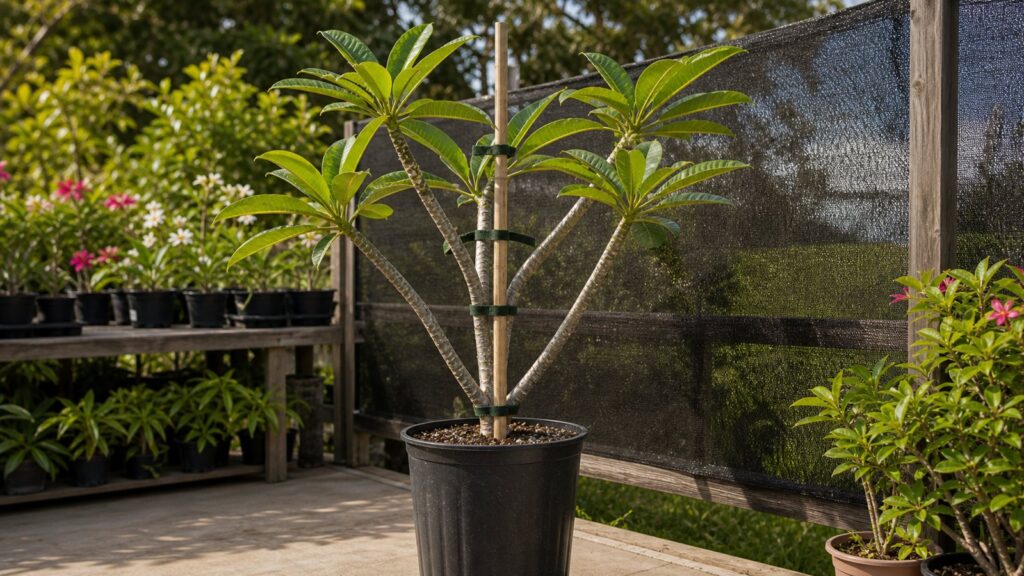 Tall potted plumeria stabilized with soft ties and a support stake