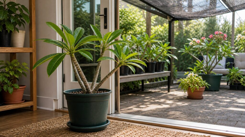 Potted plumeria staged between indoors and sheltered outdoor spring light